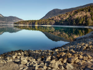 Walchensee, view from the east bank to Urfeld, on the Desselkopf Walchensee, view from the east bank to Urfeld, on the Desselkopf